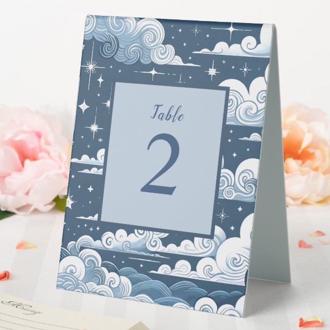 Whimsical Blue Celestial Baby Dusche Tischnummer Tischaufsteller (In Situ (Hochzeit))