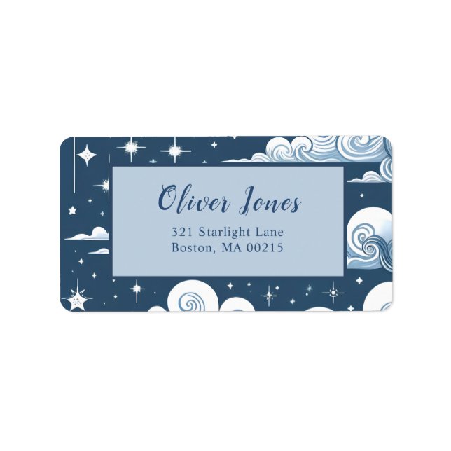 Whimsical Blue Celestial Baby Showmarke Adressaufkleber (Vorne)
