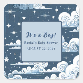 Whimsical Blue Celestial Custom Baby Shower Quadratischer Aufkleber