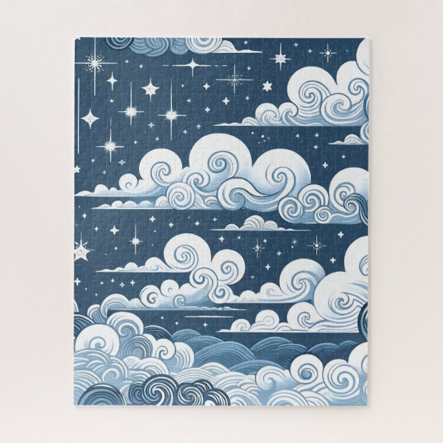 Whimsical Blue Celestial Stars und Wolken (Vertikal)