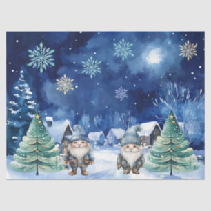 Whimsical Blue Christmas Gnome & Snowflakes Seidenpapier