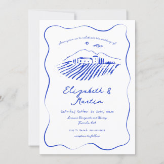 Whimsical Blue Doodle Wavy Border Wedding Einladung