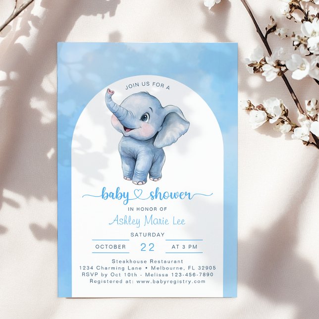 Whimsical Blue Elephant Baby Shower Einladung - W (Blue Watercolor Baby Shower Invite)