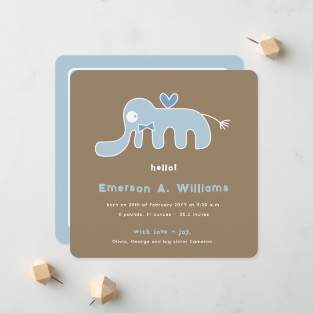 Whimsical Blue Elephant Liebe Baby Boy Foto Birth Ankündigung (Vorderseite/Rückseite Beispiel)