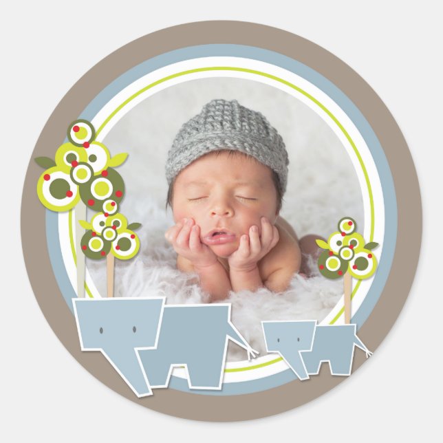 Whimsical Blue Elephants Family Baby Boy Foto Runder Aufkleber (Vorderseite)
