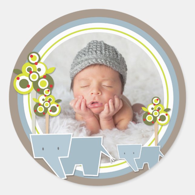 Whimsical Blue Elephants Family Baby Boy Foto Runder Aufkleber (Vorderseite)