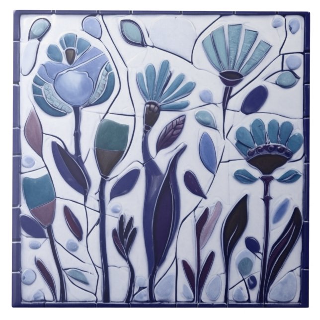 Whimsical Blue Floral Blume Fliese (Vorderseite)