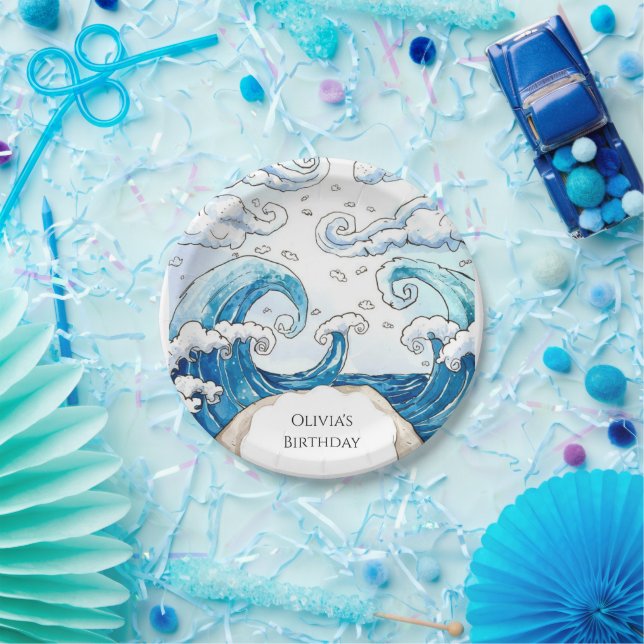 Whimsical Blue Fun Ocean Waves Geburtstag Pappteller (Party)