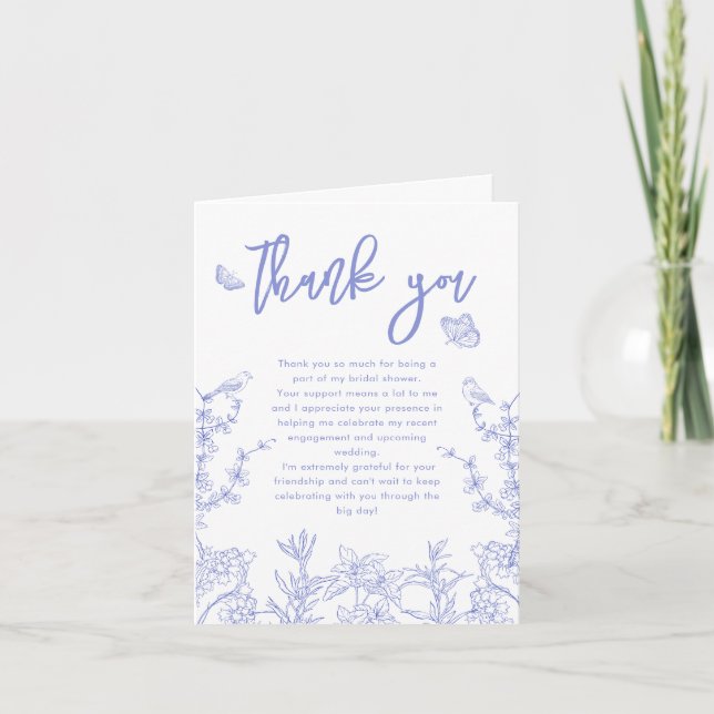Whimsical Blue Garden Chinoiserie Brautparty Dankeskarte (Vorderseite)