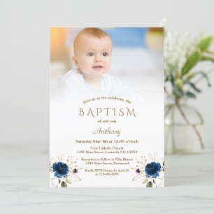 Whimsical Blue Gold Blume Foto Boy Baptisk Inv Einladung