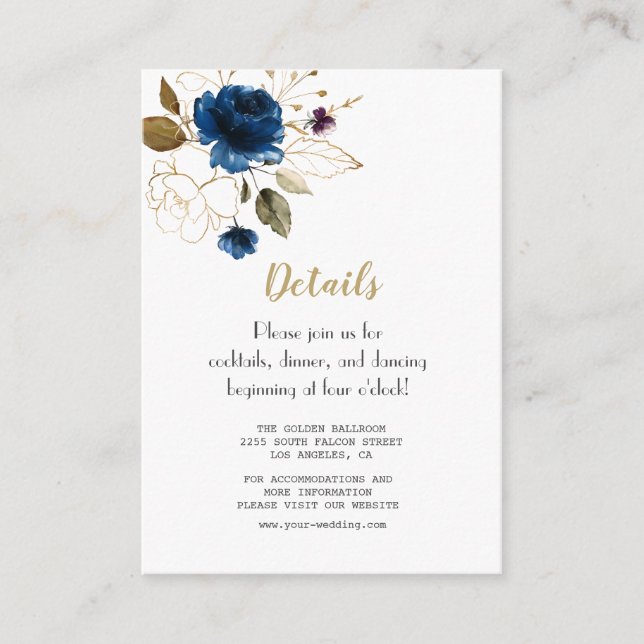 Whimsical Blue Gold Blume Hochzeitdetails Begleitkarte (Vorderseite)