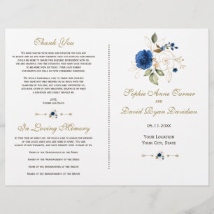 Whimsical Blue Gold Blume Hochzeitsprogramm