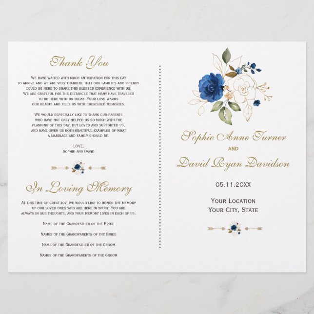 Whimsical Blue Gold Blume Hochzeitsprogramm (Vorderseite)