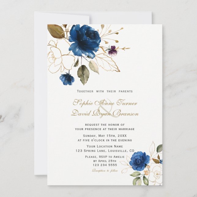 Whimsical Blue Gold Blume Monogram Wedding Einladung (Vorderseite)