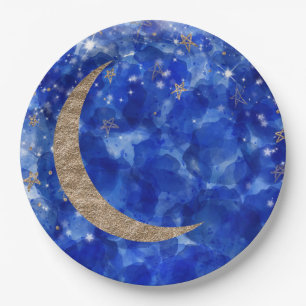 Whimsical Blue Gold Bronze Moon Stars Baby Dusche Pappteller