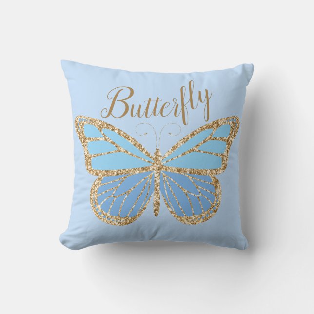 Whimsical Blue Gold Butterfly Kissen (Vorderseite)