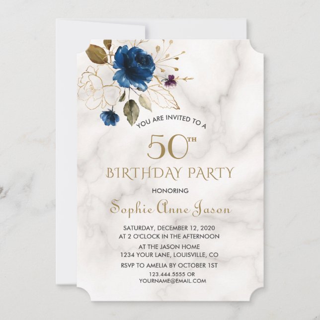 Whimsical Blue Gold Floral 50. Geburtstag Einladung (Vorderseite)