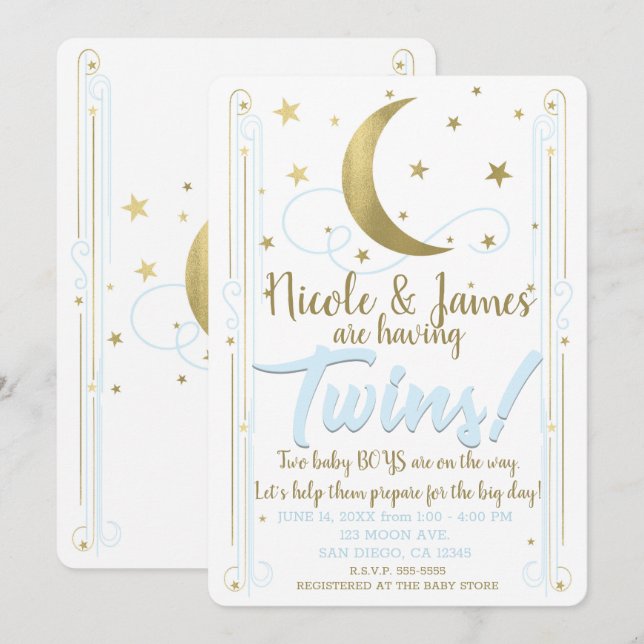 Whimsical Blue Gold Moon Stars Twins Baby Dusche Einladung (Vorne/Hinten)