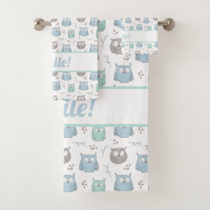Whimsical Blue Green Owls and Blume Muster Badhandtuch Set