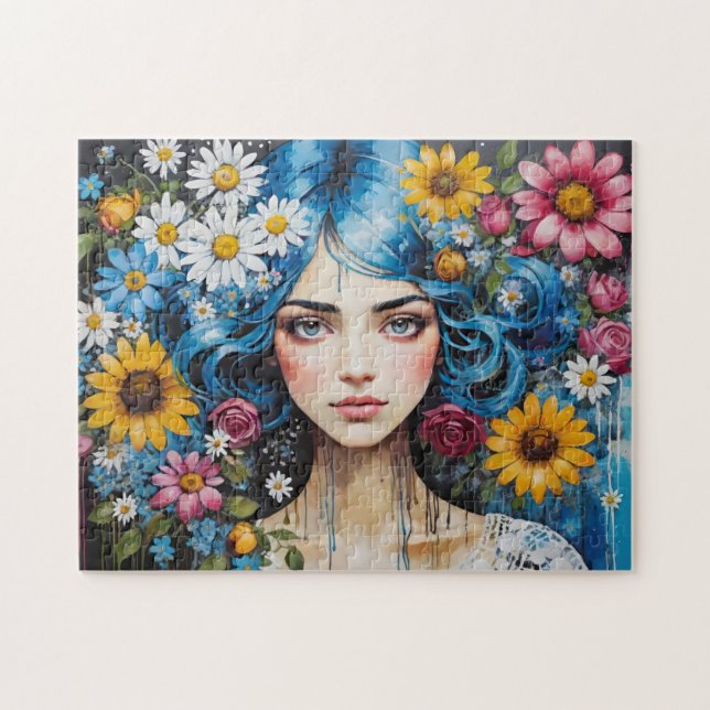 Whimsical Blue Hair Girl mit Blume Paint Tropfens (Horizontal)