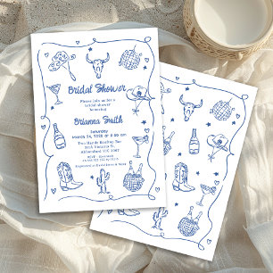 Whimsical Blue Hand Drawing Cowgirl Brautparty Einladung