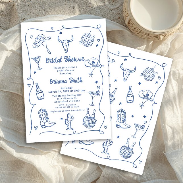 Whimsical Blue Hand Drawing Cowgirl Brautparty Einladung (Whimsical Blue Hand Drawn Bridal Shower Invitation, Western Cowgirl Disco Ball Cowgirl Boots)