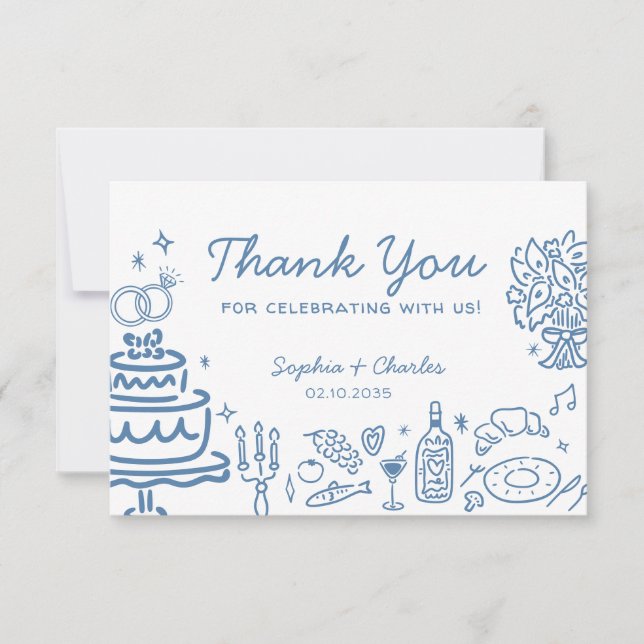 Whimsical Blue Hand Drawn Doodles Wedding Danke (Vorderseite)