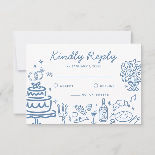Whimsical Blue Hand Drawn Doodles Wedding Response RSVP Karte (Vorderseite)