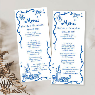 Whimsical Blue Hand Drawn Wedding Menükarte