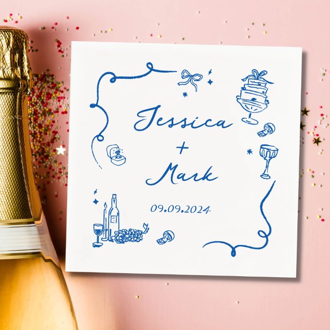 Whimsical Blue Hand Drawn Wedding Serviette (Von Creator hochgeladen)