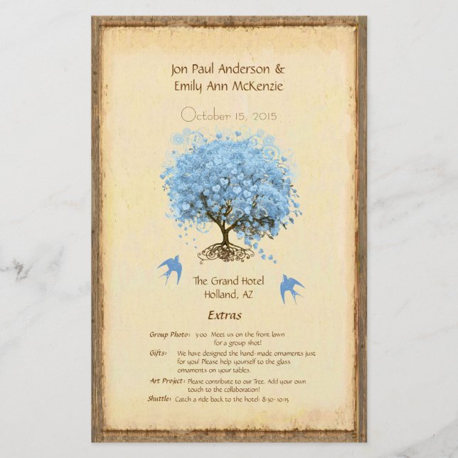 Whimsical Blue Heart Leaf Tree Hochzeitsprogramm (Vorderseite)