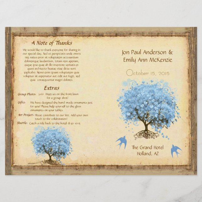 Whimsical Blue Heart Leaf Tree Hochzeitsprogramm (Vorderseite)