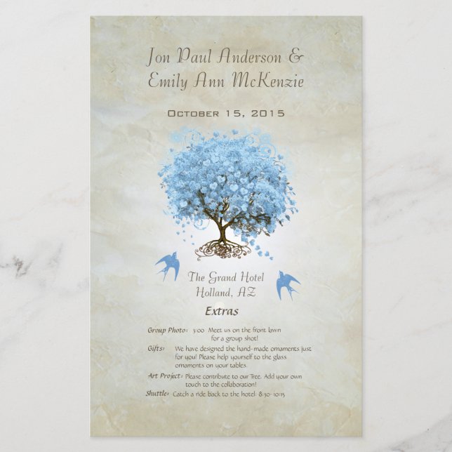 Whimsical Blue Heart Leaf Tree Wedding Programme (Devant)