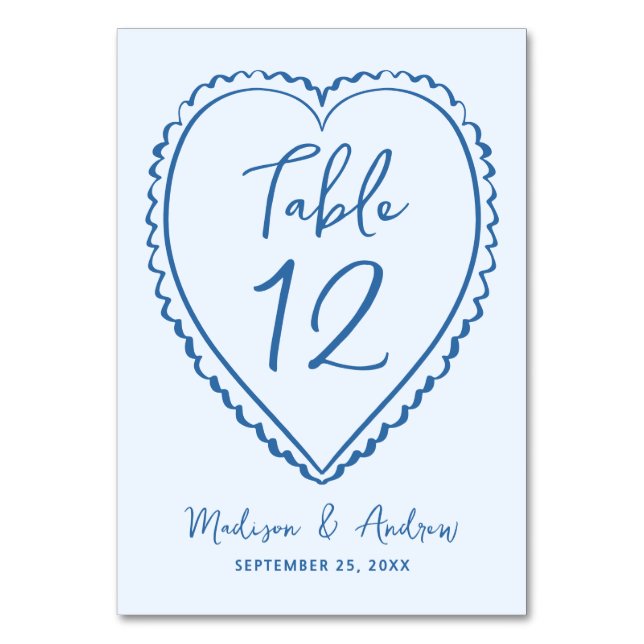 Whimsical Blue Heart Wedding Tischnummer (Vorderseite)