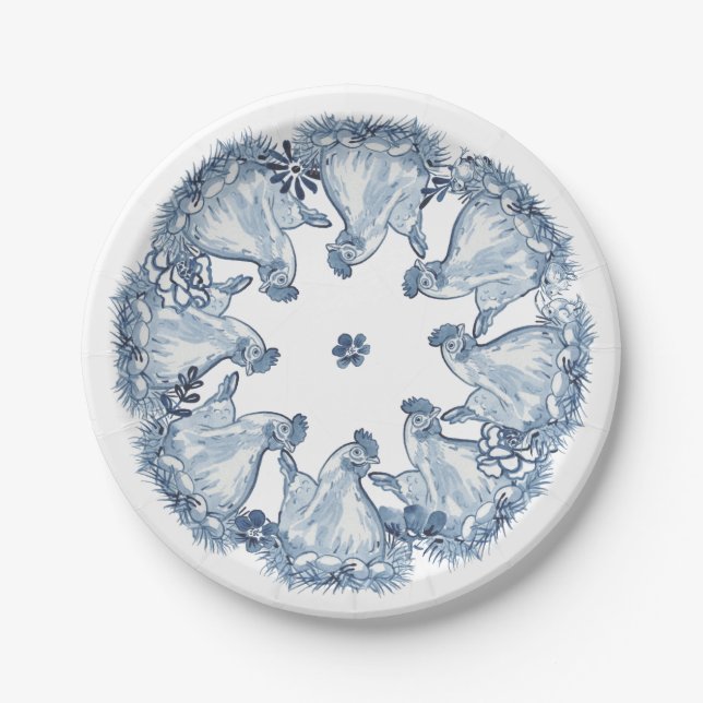 Whimsical Blue Hen Chicken, Nest Watercolor Delft Pappteller (Vorderseite)