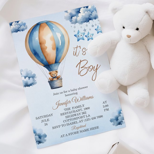 Whimsical Blue Hot Air Ballon Baby Boy Dusche Einladung (Von Creator hochgeladen)