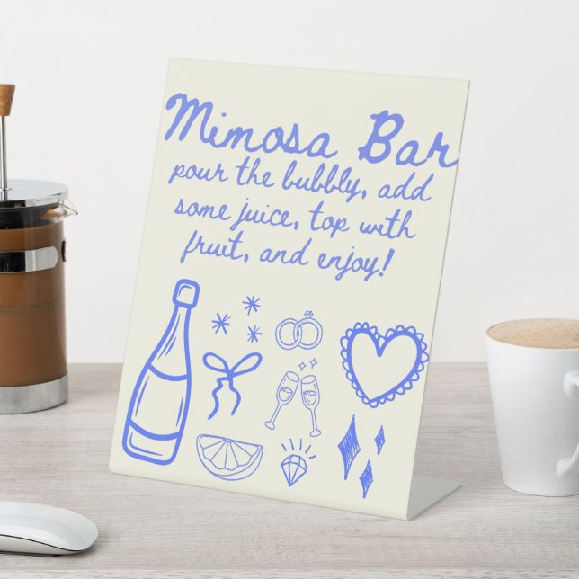 Whimsical Blue Mimosa Trendy Sketch Brautparty Sockelschild (In SItu)