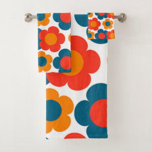 Whimsical Blue & Orange Floral Retro heiter Badhandtuch Set