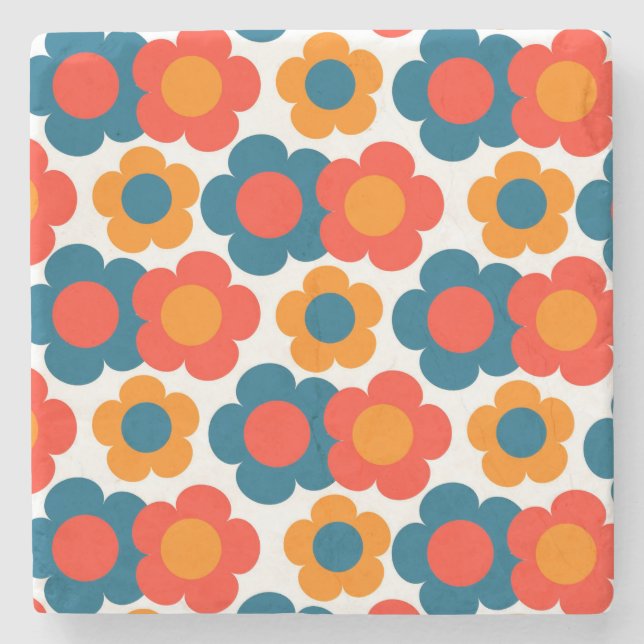 Whimsical Blue & Orange Floral Retro heiter Steinuntersetzer (Vorderseite)