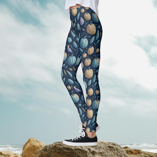 Whimsical Blue Orange Pumpkin Halloween Muster Leggings (Von Creator hochgeladen)