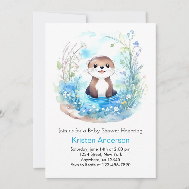 Whimsical Blue Otter Wildblume Boy Baby Dusche Einladung (Vorderseite)