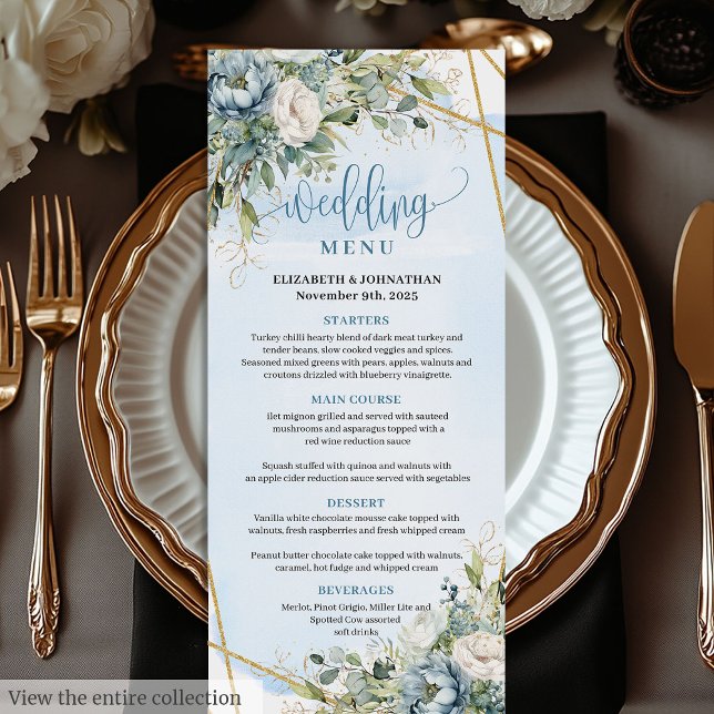Whimsical Blue Peonys Gold Frame Dinner Menü Menükarte (Whimsical Blue Peonies Gold Frame Dinner Menu

)