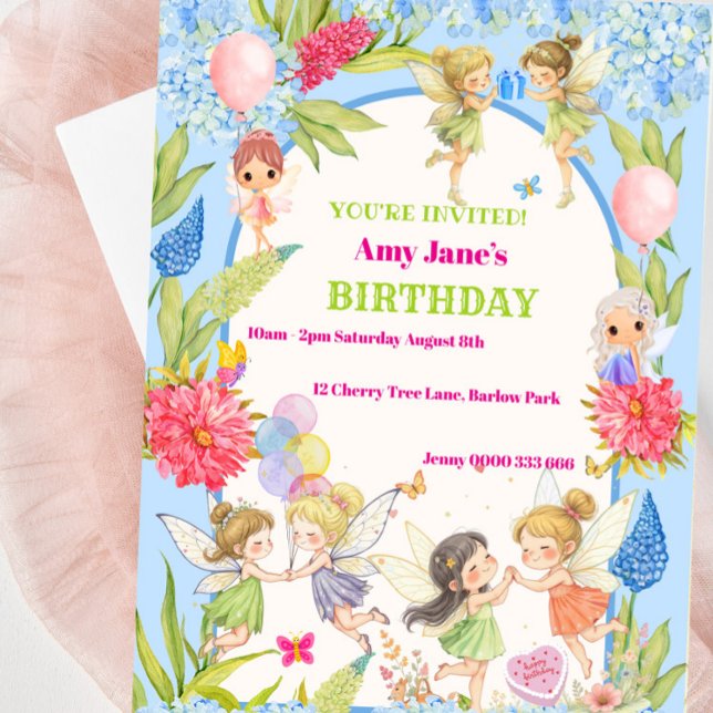 Whimsical Blue & Pink Fairy Invitation d'anniversa (Pretty Blue and Pink Fairy Birthday Invitation For Girls Birthday Party)
