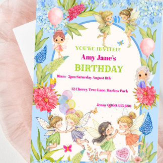 Whimsical Blue & Pink Fairy zum Geburtstag Einladu Einladung