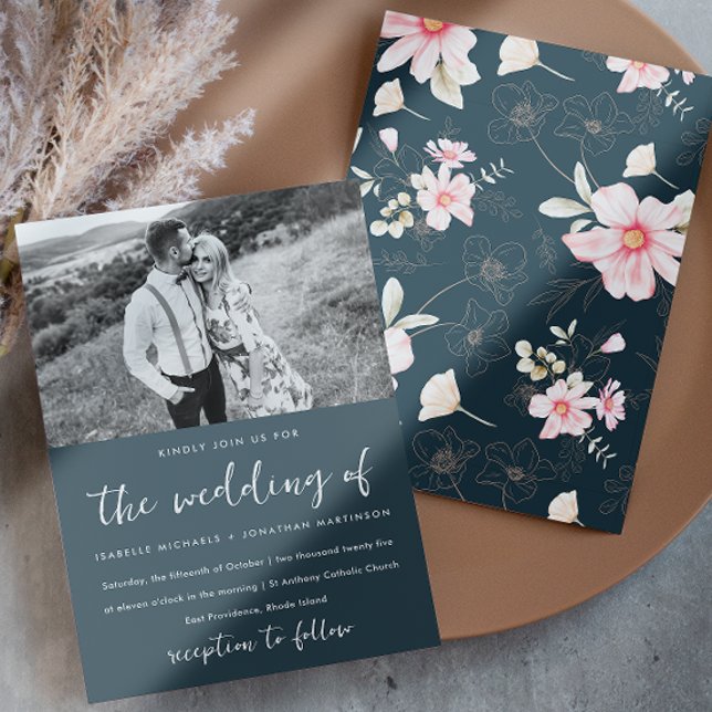 Whimsical Blue Pink Floral Photo Wedding Einladung (This pretty blue wedding invitation gives whimsical retro vibes, with pink flowers and one photo.)
