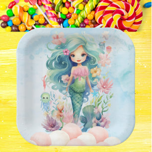 Whimsical Blue & Pink Mermaid Birthday Paper Plate Pappteller