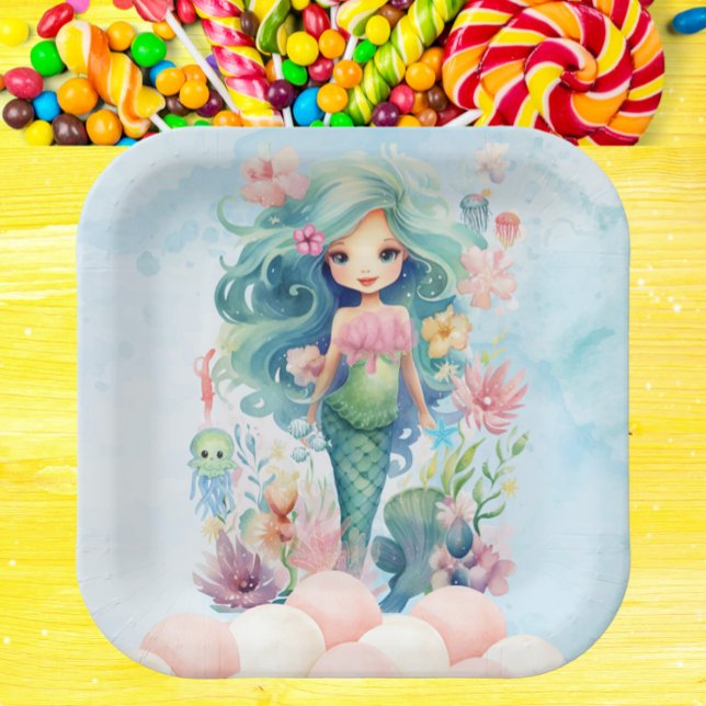 Whimsical Blue & Pink Mermaid Birthday Paper Plate Pappteller (Whimsical Mermaid Birthday Paper Plate - Pink & Blue Under the Sea Party - Cute Girl Ocean Theme)