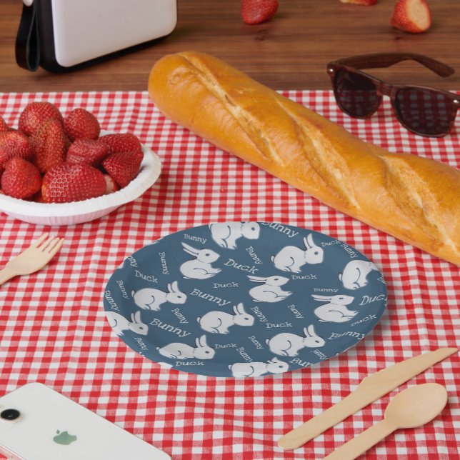 Whimsical Blue Rabbit Duck Illusion Zeichnend Oste Pappteller (Picknick)
