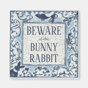 Whimsical Blue Rabbit Tile Delft Dedham Beware Magnet