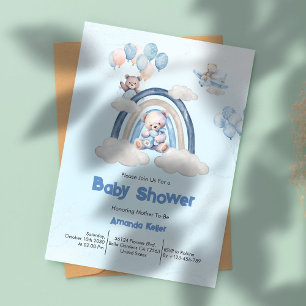 Whimsical Blue Rainbow Teddy Bear Baby Dusche Einladung